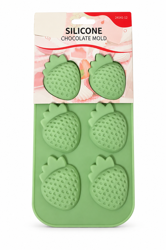 Silicone strawberry chocolate mold with four strawberry-shaped cavities, green.