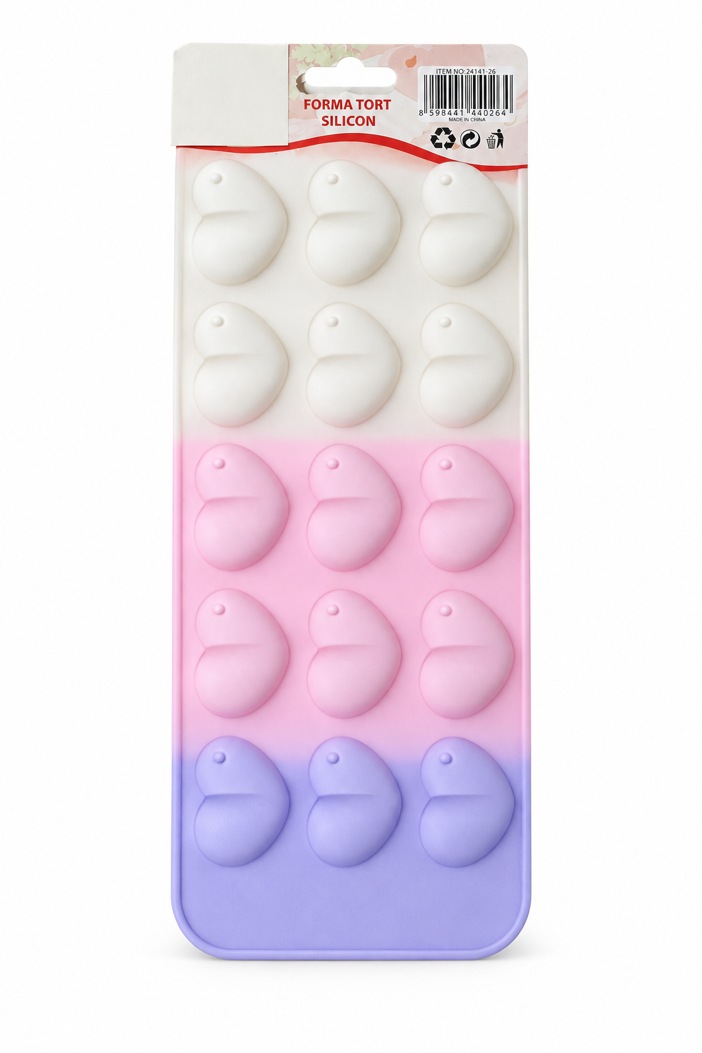 Pastel silicone heart mold tray with 15 cavities in white, pink, and blue.