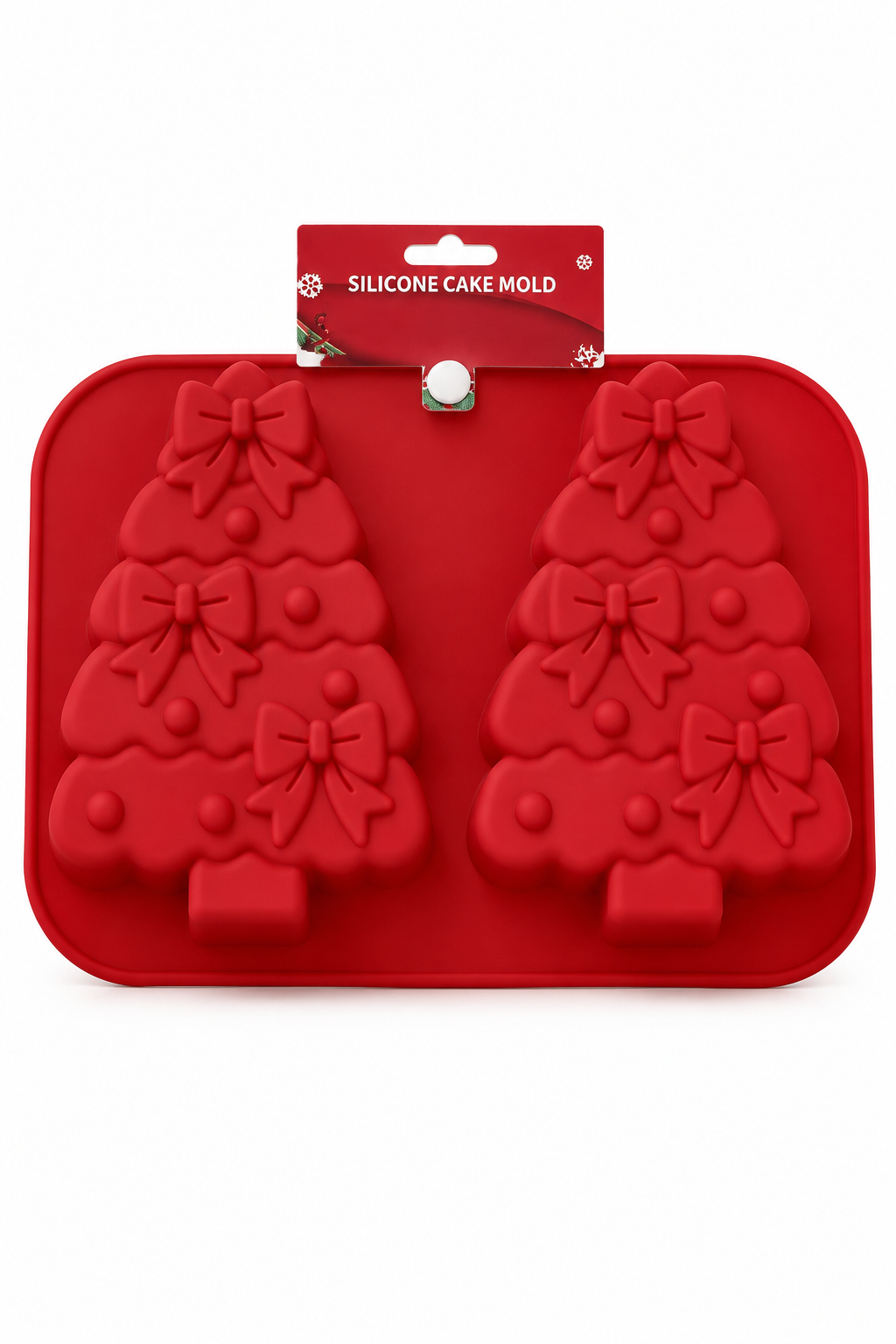 Red silicone Christmas tree cake mold with two tree cavities
