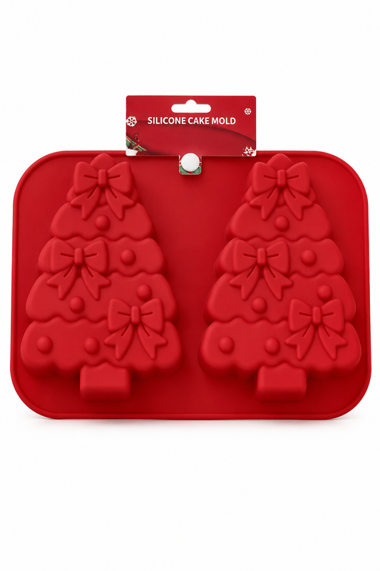 Red silicone Christmas tree cake mold with two tree cavities