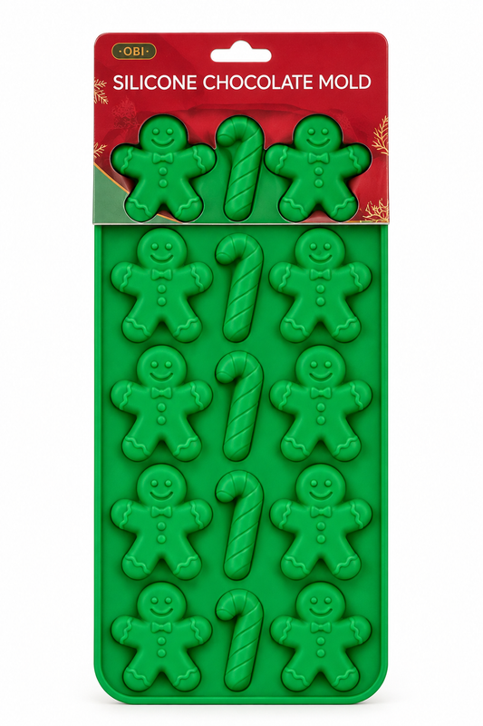Red silicone chocolate mold with green gingerbread and candy cane shapes