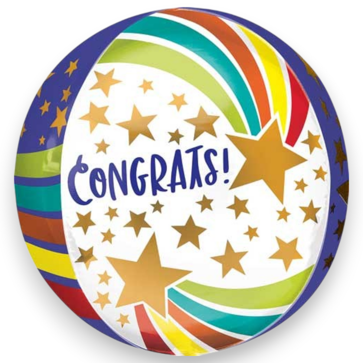 Foil orb balloon with Congrats text, gold stars, and rainbow stripe graphics