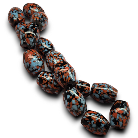 Vintage glass barrel beads with swirl speckle pattern, orange, pale blue, and black