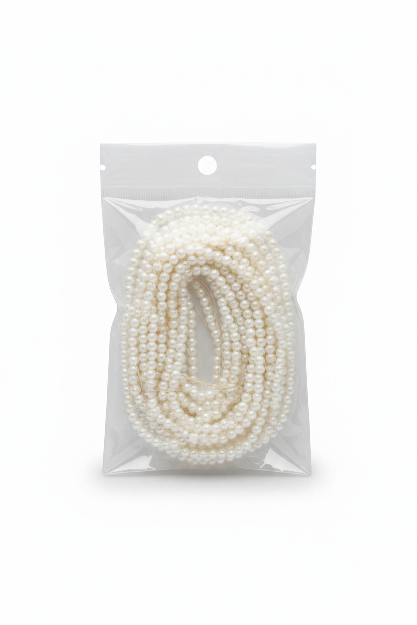 Plastic pearl bead strand, white 4mm beads in clear pouch
