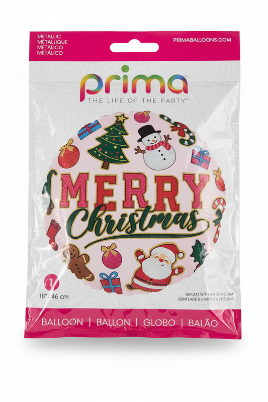 18 in Christmas foil balloon with Merry Christmas text and tree, snowman, Santa icons