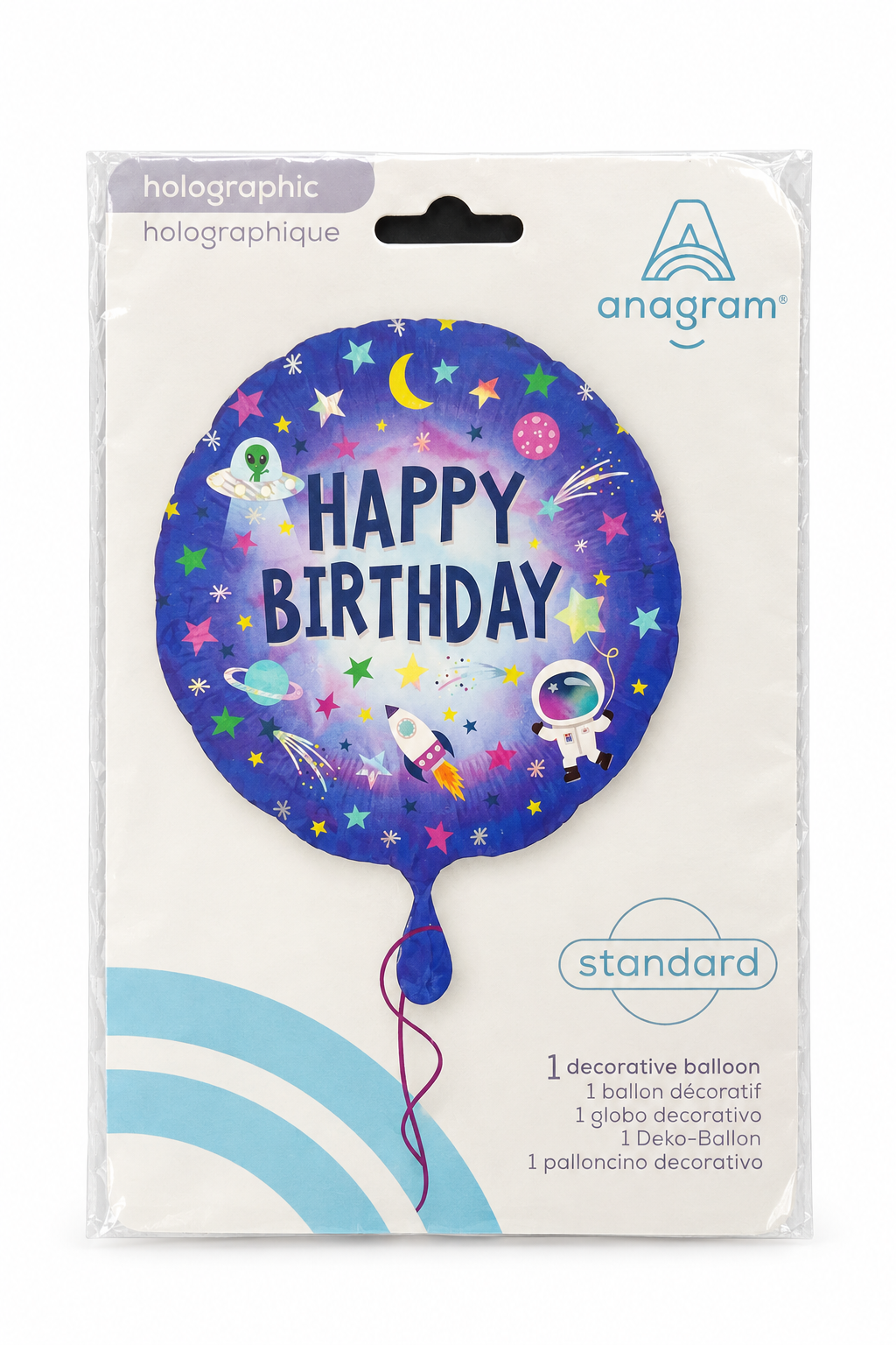 Astronaut foil birthday balloon, round blue holographic design with Happy Birthday text