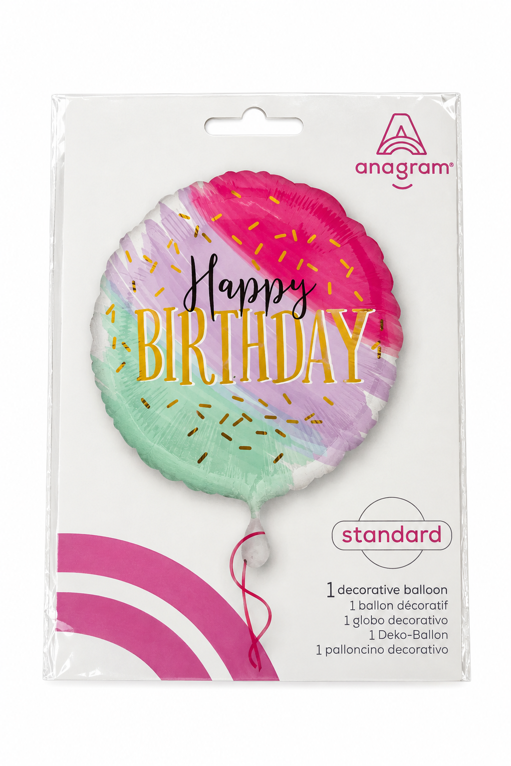 18-inch foil Happy Birthday balloon, pink/mint gradient with confetti and lettering