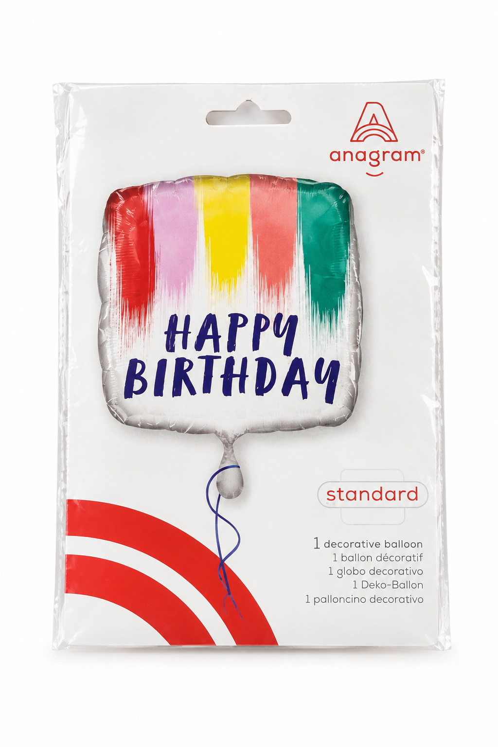 Square foil birthday balloon with “Happy Birthday” in multicolor paint strokes