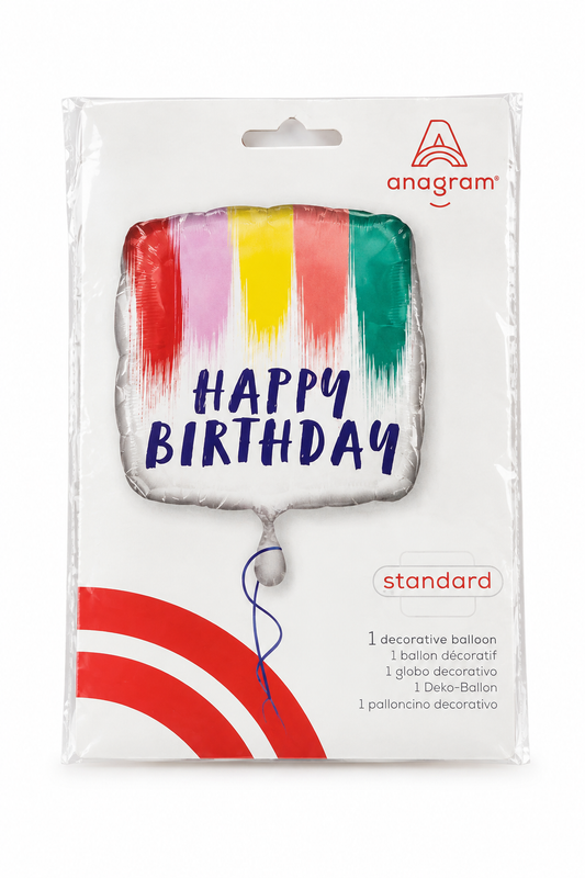 Square foil birthday balloon with “Happy Birthday” in multicolor paint strokes