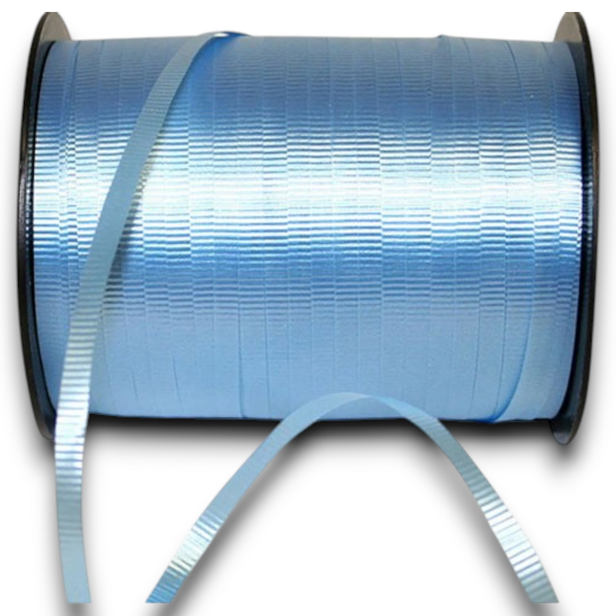 Light blue curling ribbon 3/16 in on Reliant Ribbon spool, glossy, striped