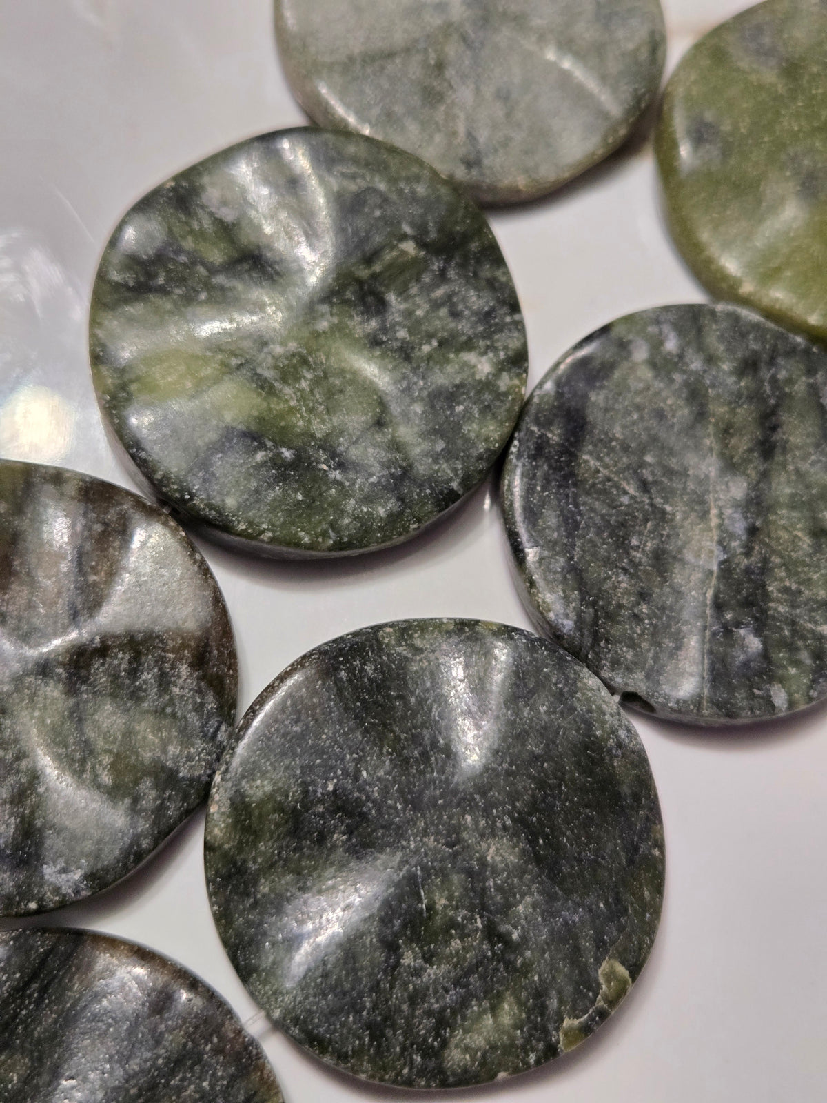 Round natural gemstone discs, 5 cm, marbled gray and green, glossy surface
