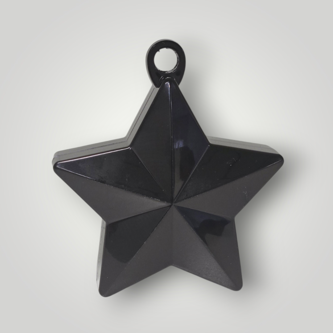 Metallic star balloon weight with hanging loop, black finish
