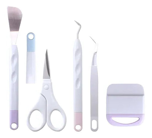 6-piece vinyl weeding tools set with white handles: scraper, scissors, tweezers, hooks
