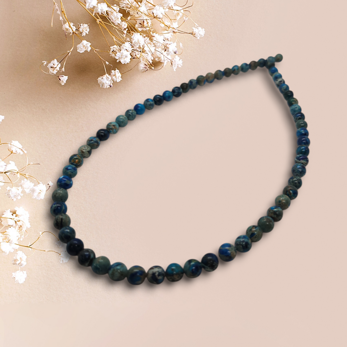 Round natural stone bead strand, dark blue and green 6mm beads with speckled pattern