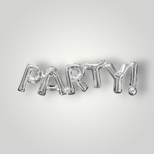 Silver foil anagram balloon reading PARTY!