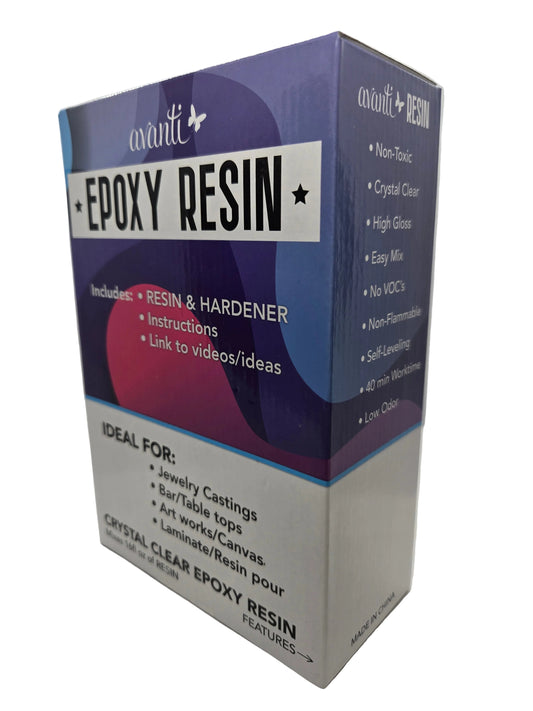 Avanti crystal clear epoxy resin kit box, purple and gray, includes resin and hardener