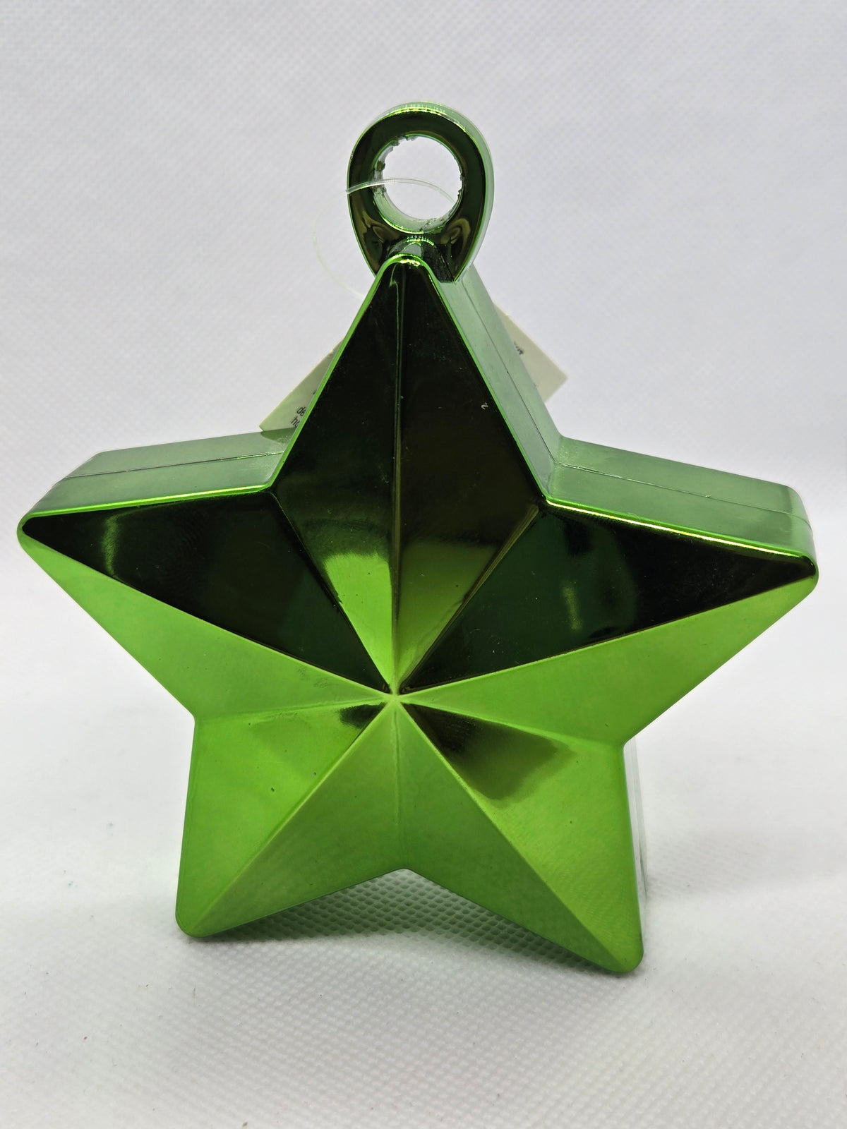 Metallic green plastic star balloon weight with hanging loop