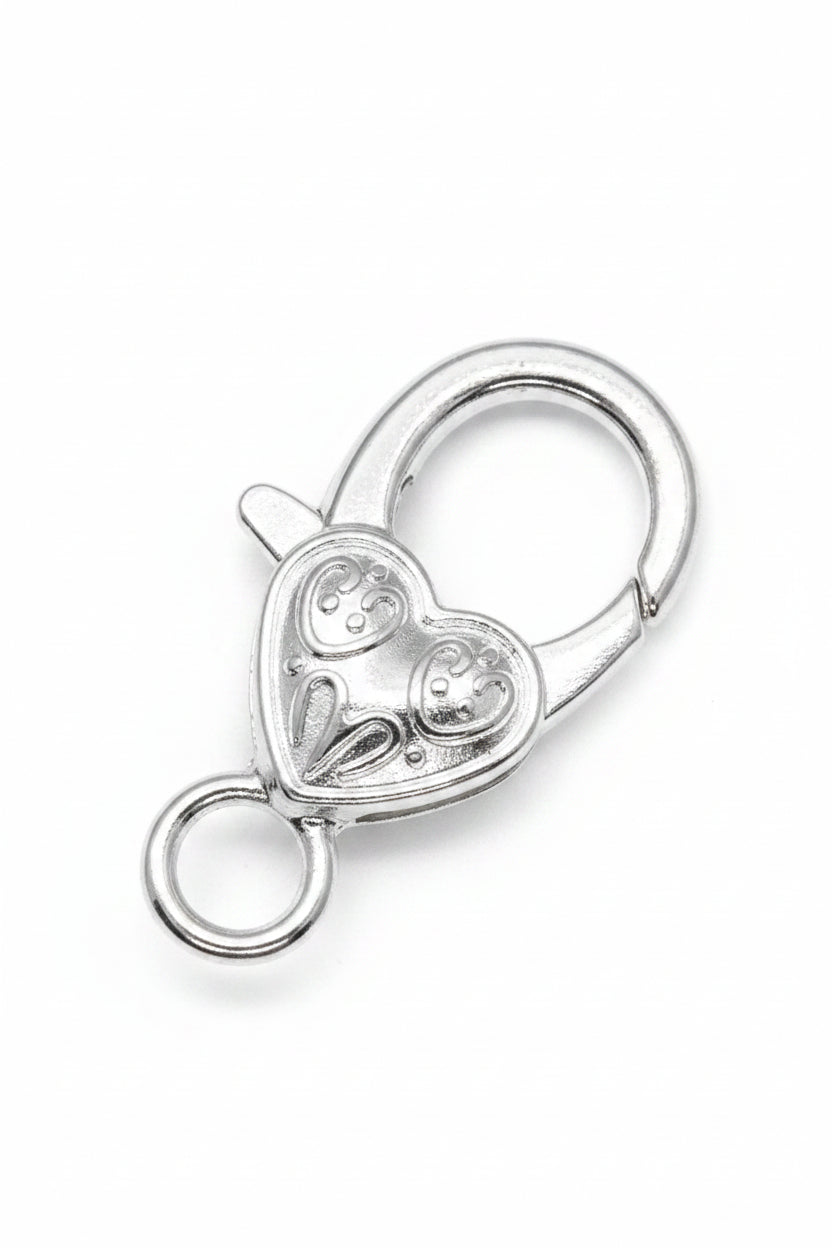 Silver heart lobster claw charm with circular ring and heart engraving