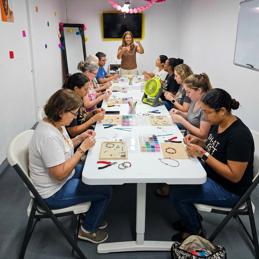 Basic jewelry making workshop table with tools, beads, and bracelets in progress