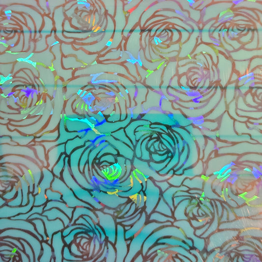 Iridescent floral print metallic permanent vinyl sheet, rose pattern, holographic shine