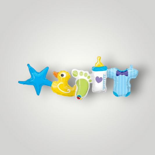 Mylar baby boy garland with blue star, fish, heart and baby bodysuit foil balloons