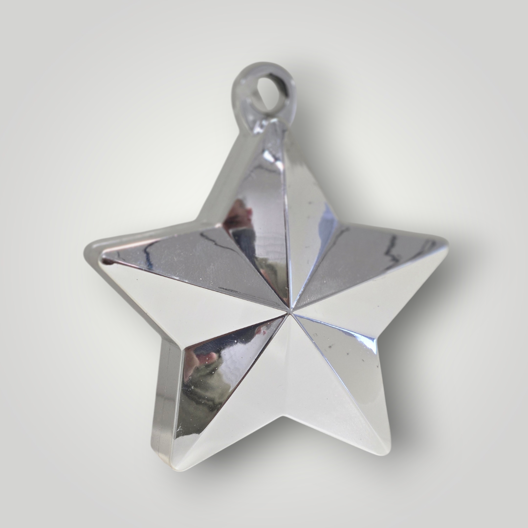 Metallic star balloon weight with hanging loop, silver finish