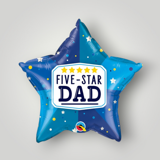 Blue five-point star balloon with 'Five-Star Dad' badge and gold accents