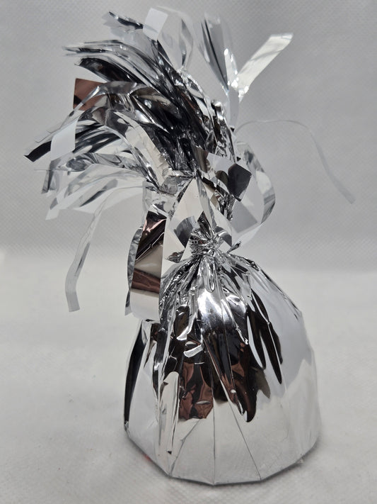 Silver foil balloon weight with crinkled ribbon top and tied string