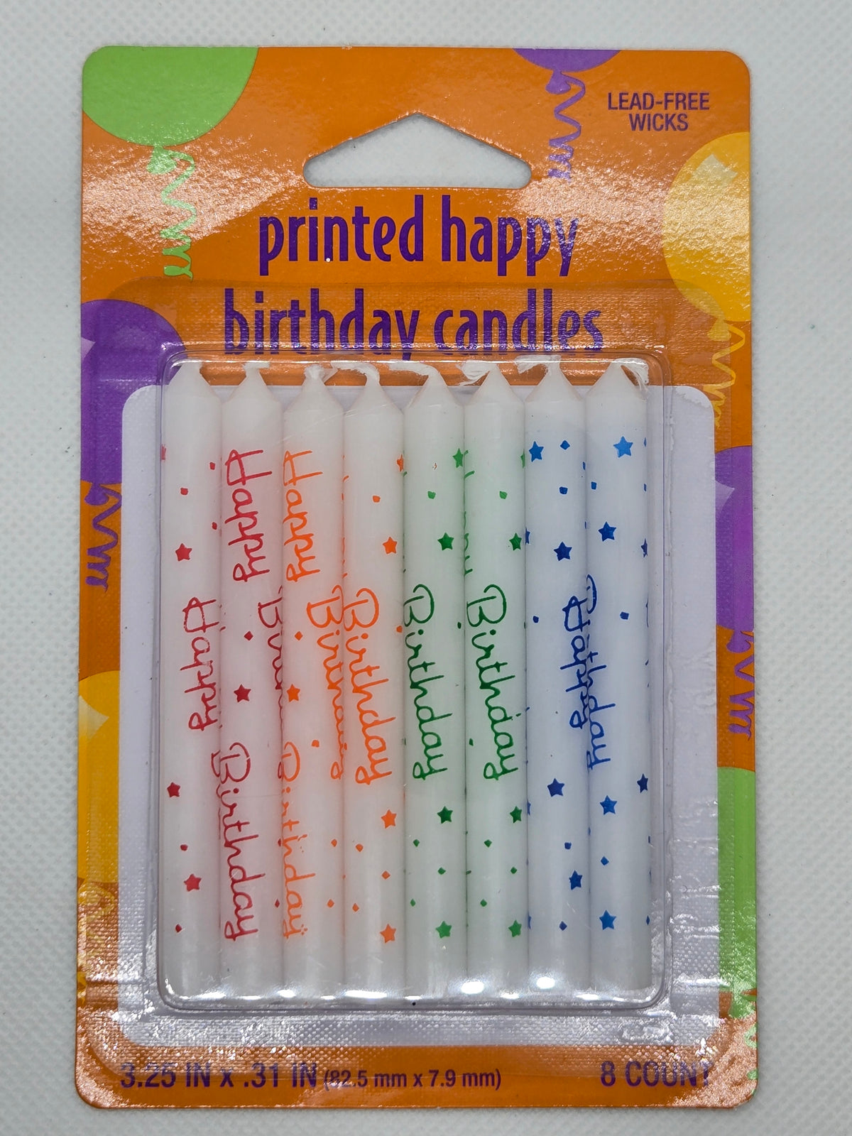 Printed happy birthday candles set, 8-pack; white candles with multicolor birthday text