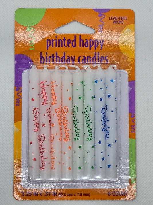 Printed happy birthday candles set, 8-pack; white candles with multicolor birthday text