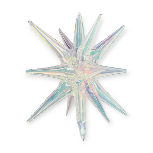 Iridescent holographic starburst balloon with pointed rays, metallic rainbow sheen