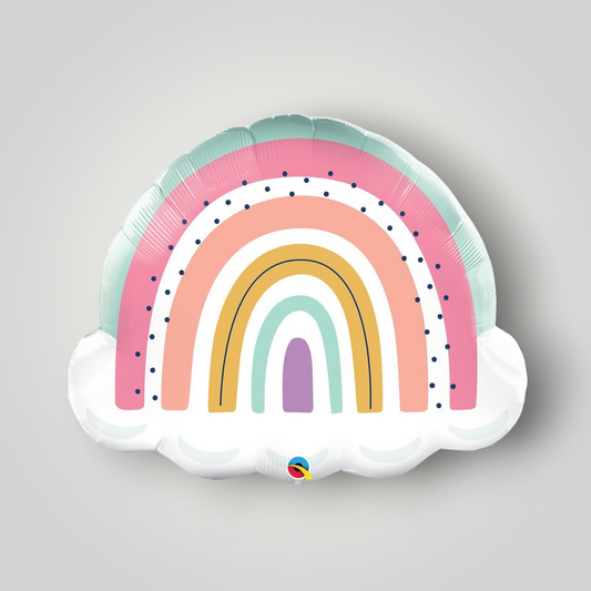 Rainbow foil balloon with pastel arches, mint edges, dotted border, and scalloped base