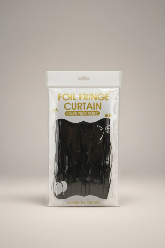 Black metallic foil fringe curtain with hanging strip strands