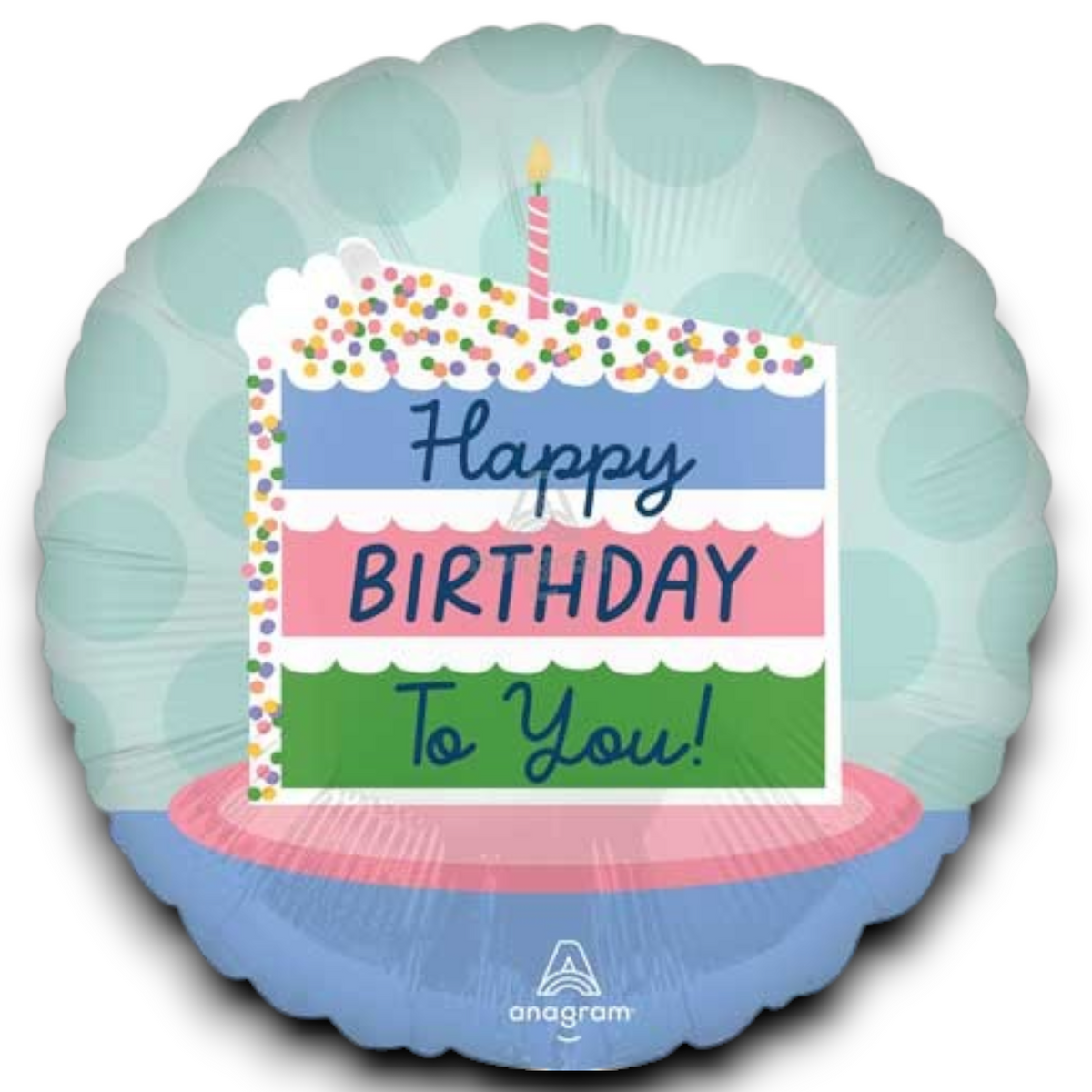 Happy Birthday cake foil balloon, round teal with card print and lit candle.