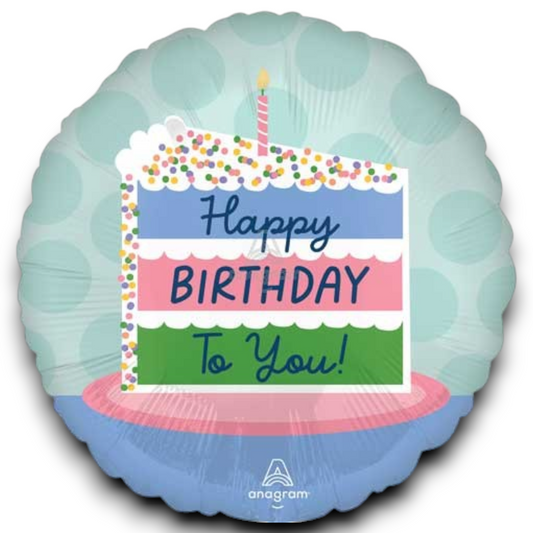 Happy Birthday cake foil balloon, round teal with card print and lit candle.