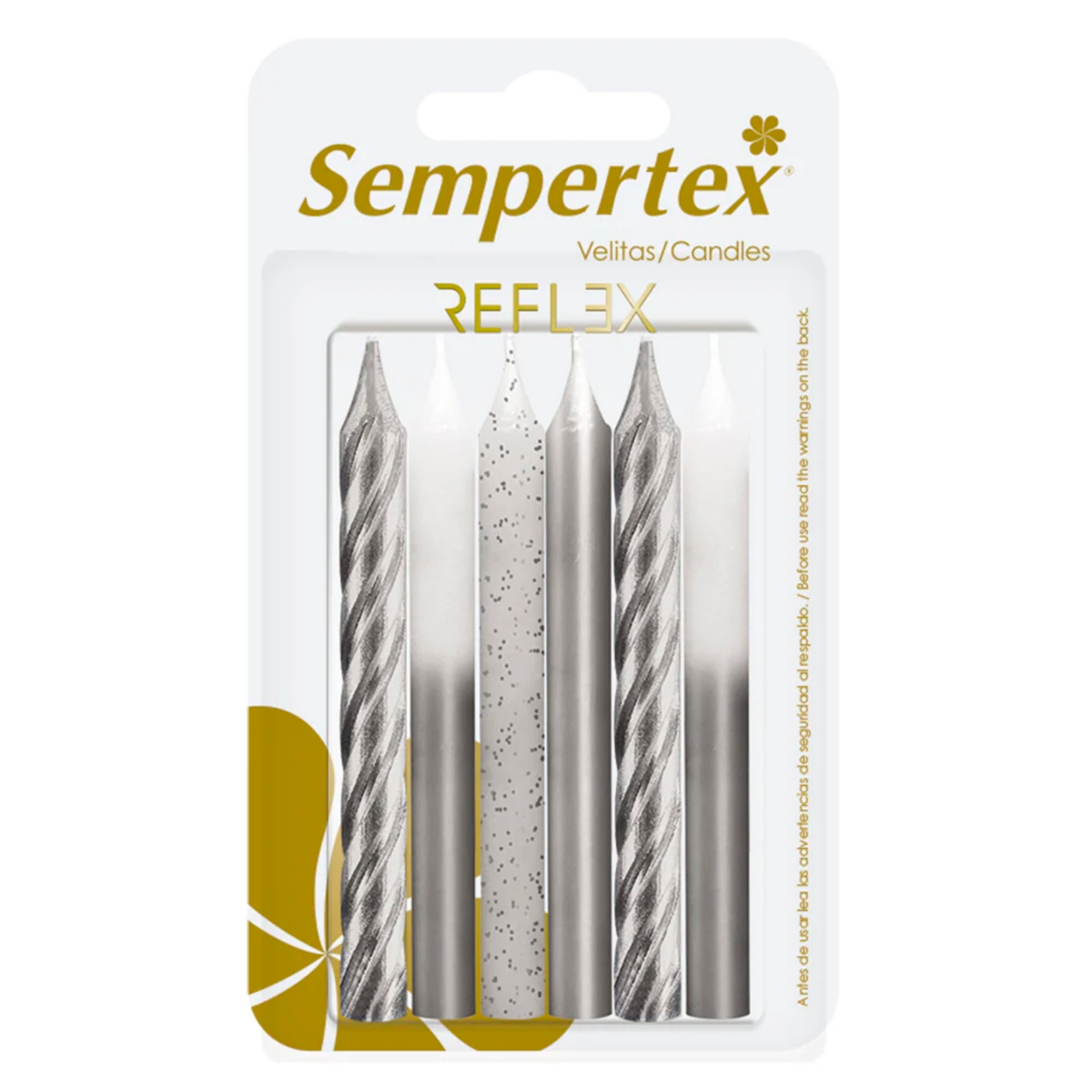 Sempertex Reflex silver taper candle set, 6 tall candles with metallic striped and speckled styles