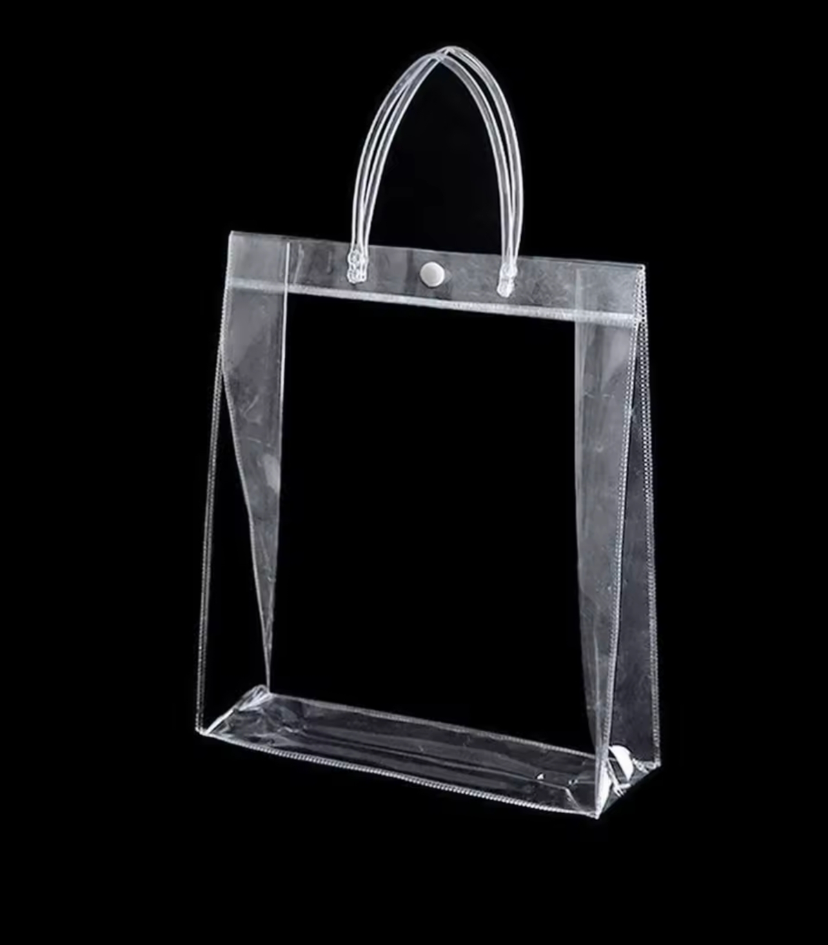 Transparent plastic gift bag with rope handles and button closure, rectangular bottom