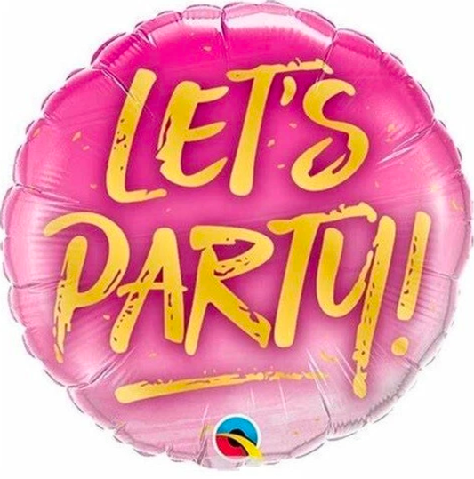 18 in pink round foil balloon with yellow Let's Party! lettering