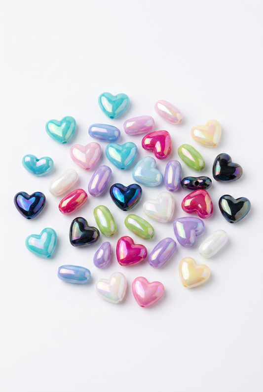 Mixed-color iridescent acrylic heart beads, small heart-shaped pieces in assorted shades
