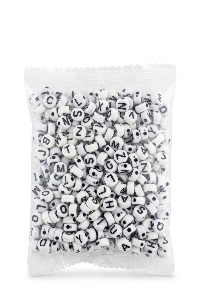 Assorted alphabet letter round acrylic beads, 7mm, white with black letters in bag