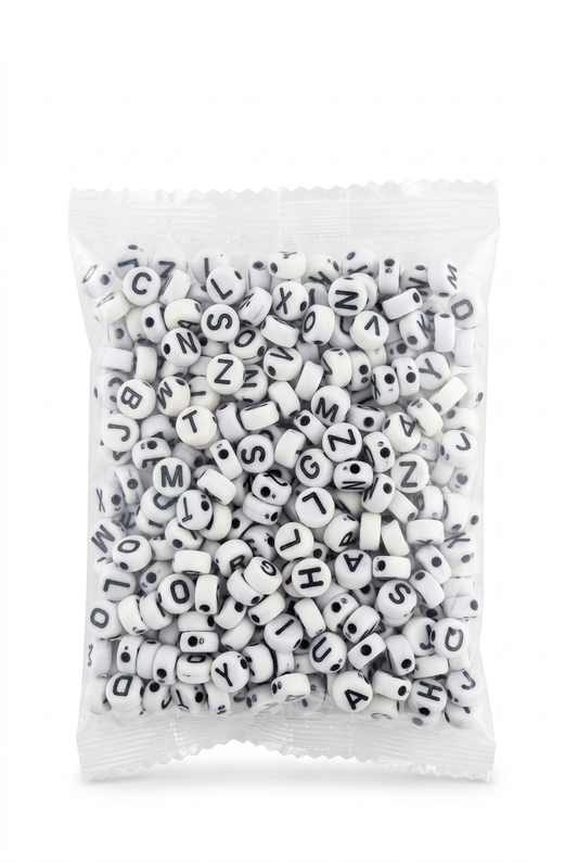Assorted alphabet letter round acrylic beads, 7mm, white with black letters in bag