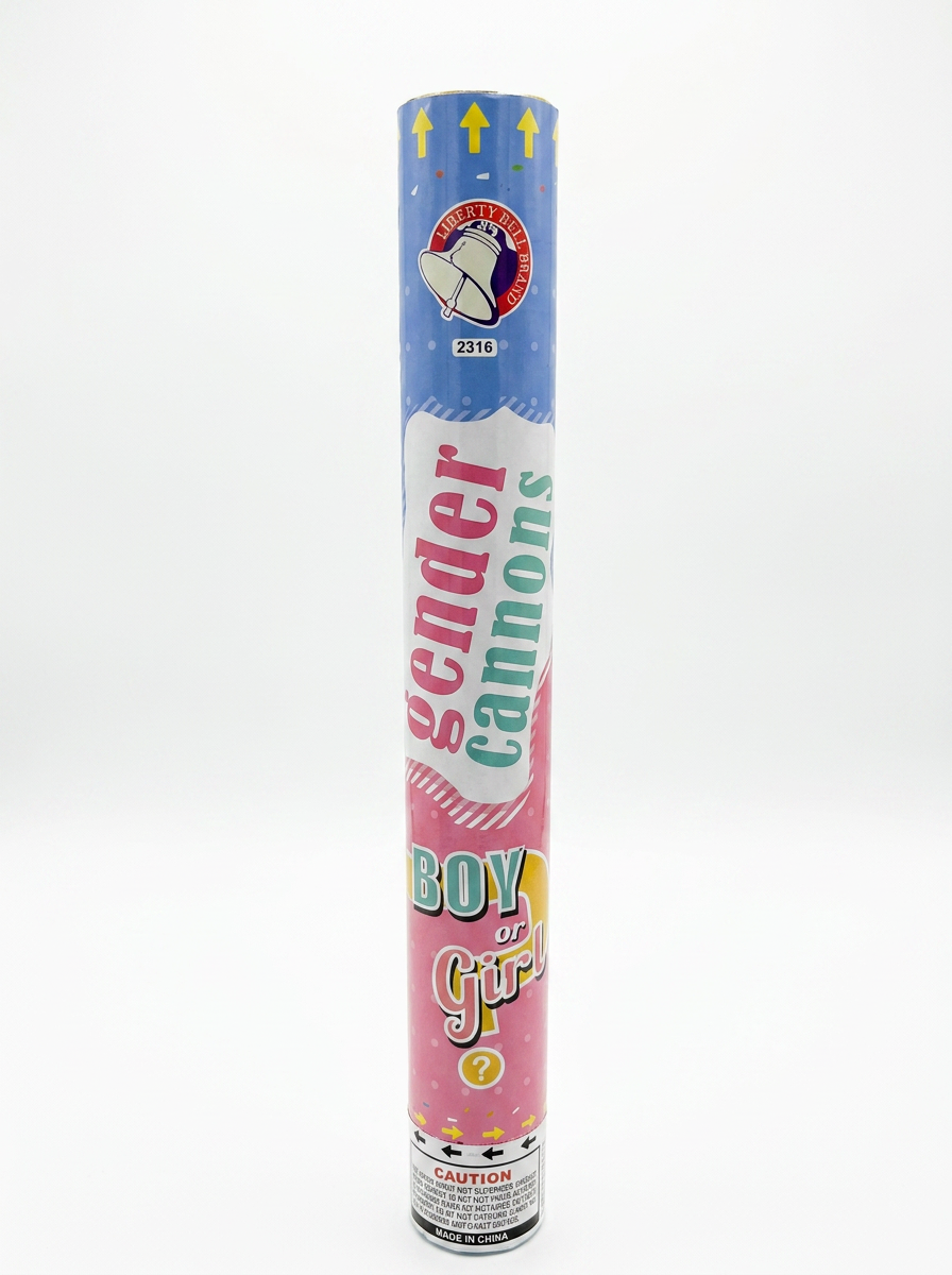 Gender reveal confetti cannon tube with blue arrows, 'Boy or Girl' text, and caution label