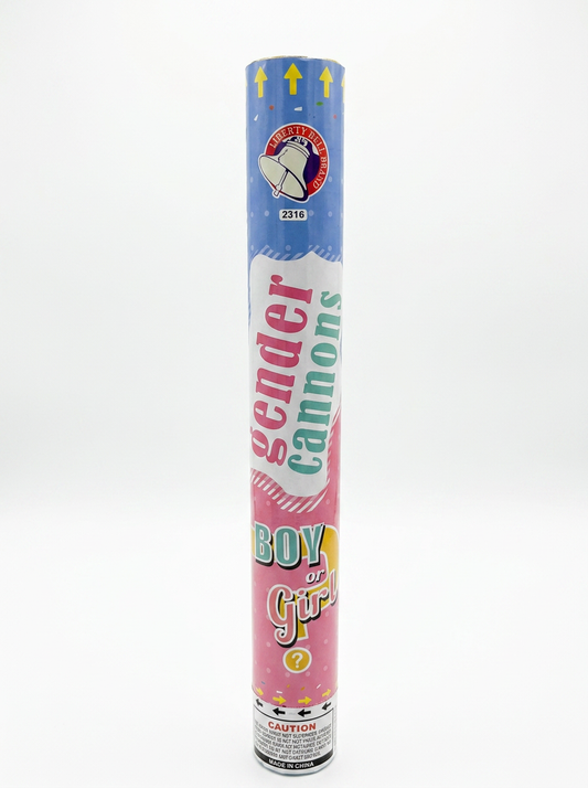 Gender reveal confetti cannon tube with blue arrows, 'Boy or Girl' text, and caution label