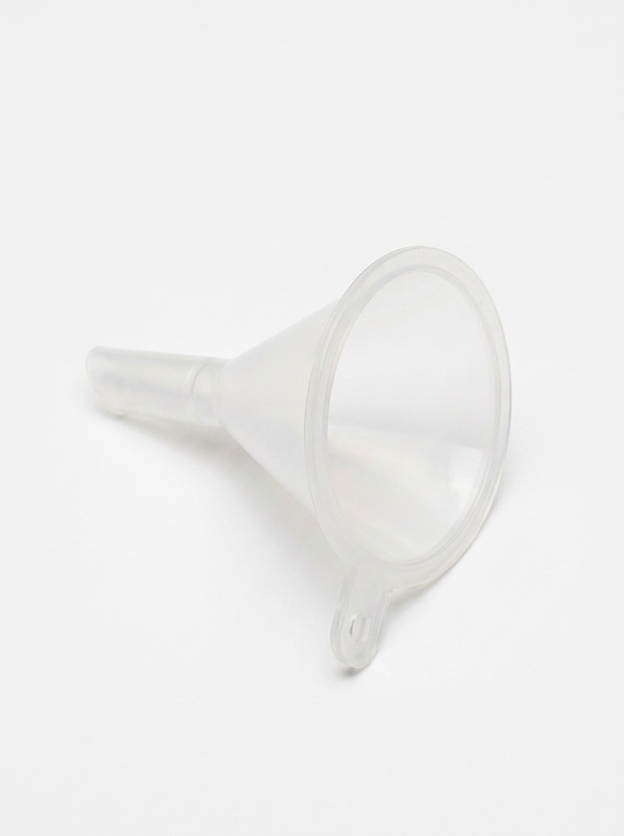 Clear plastic mini funnel with wide round mouth and short tapered spout