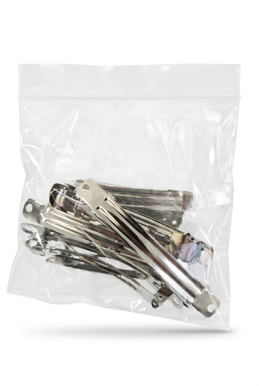 Silver metal hair barrette findings, assorted clips in clear plastic bag