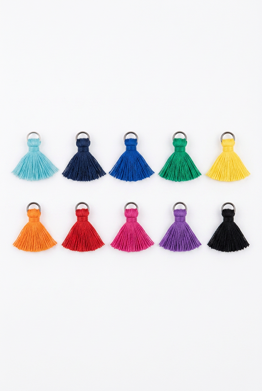 Mini fabric tassels with metal rings, assorted colors set of 10