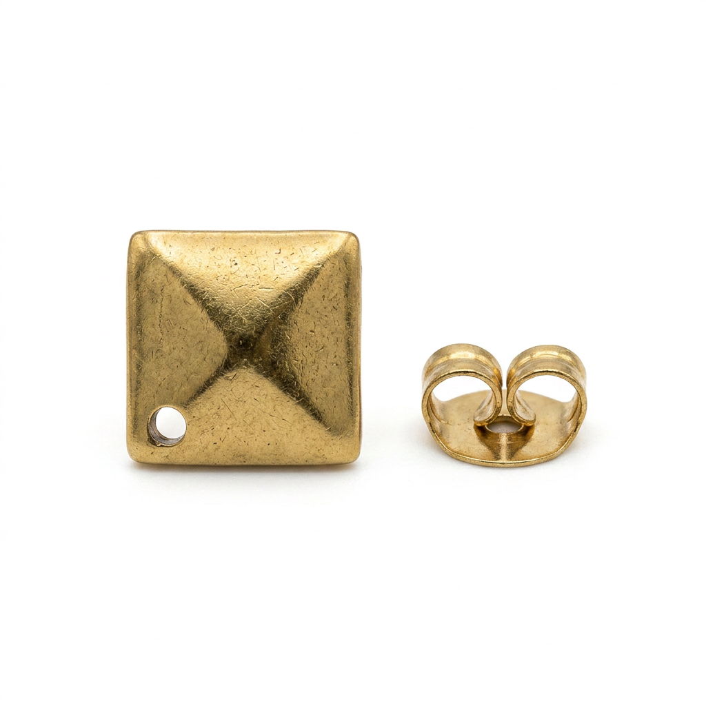 Gold square earring stud finding set with matching retainer backing, 2 pairs