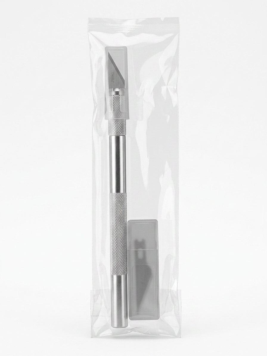Stainless steel precision cutting knife with spare blade in clear plastic sleeve