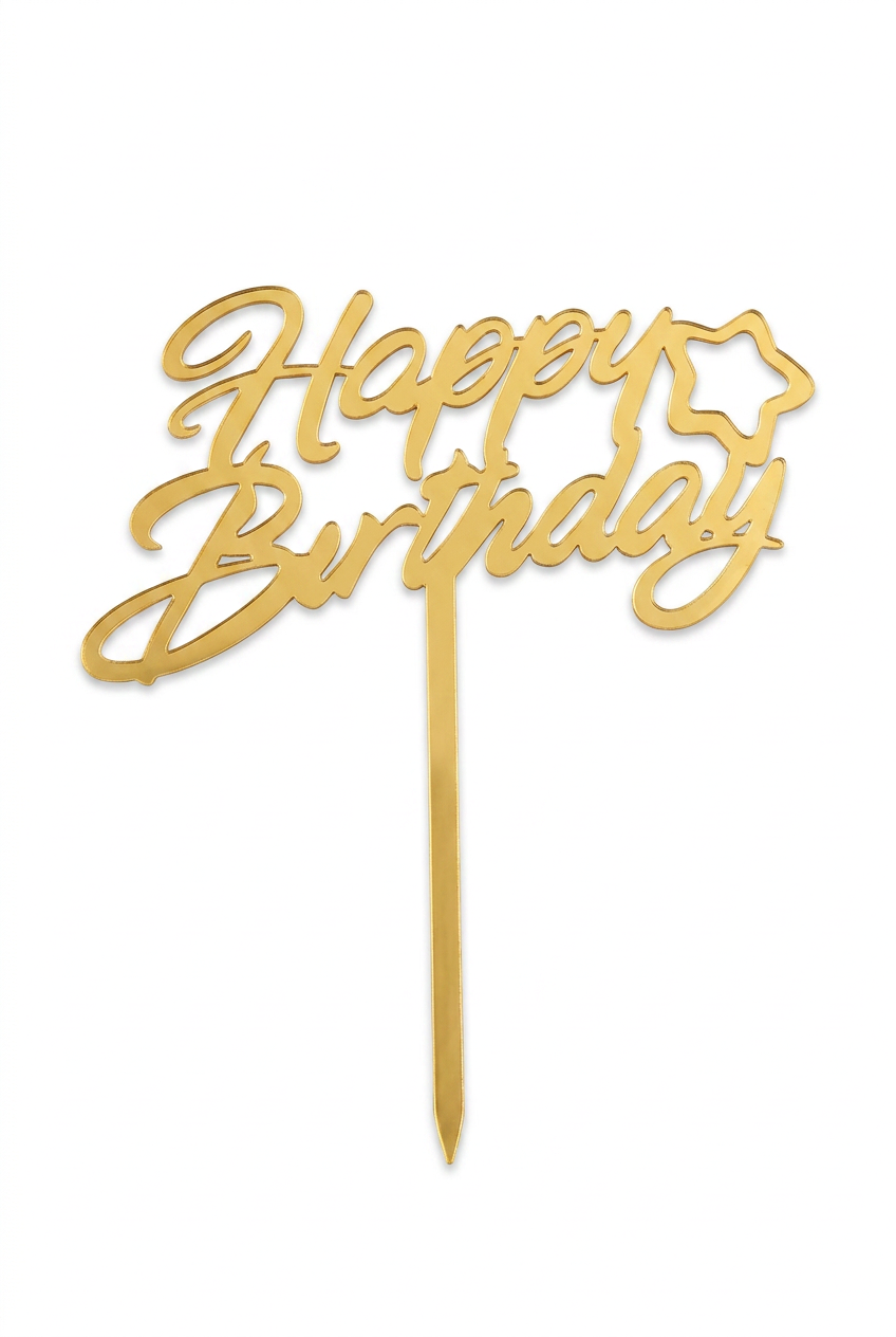 Gold acrylic cake topper with "Happy Birthday" and star balloons on a stick
