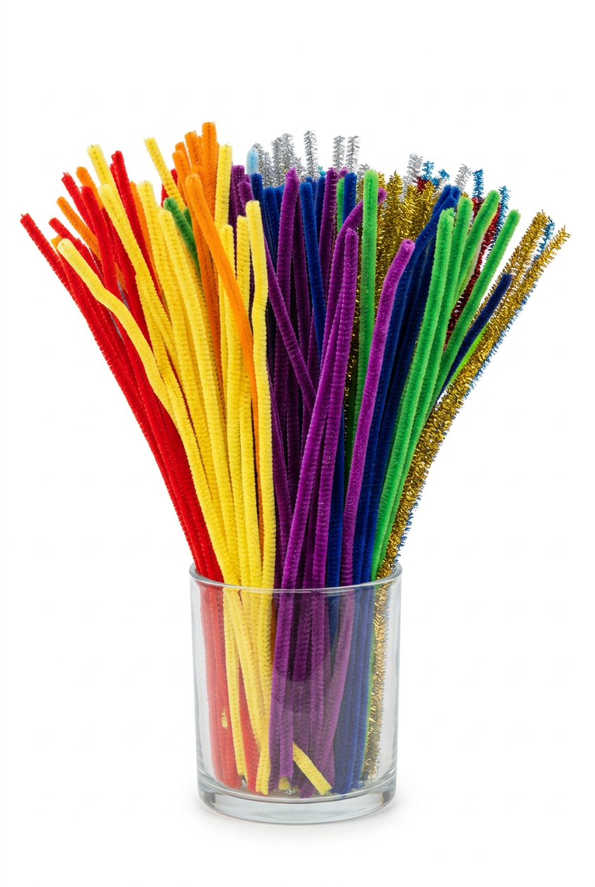 Assorted chenille craft stems in a clear cup, fuzzy bendable colorful wires